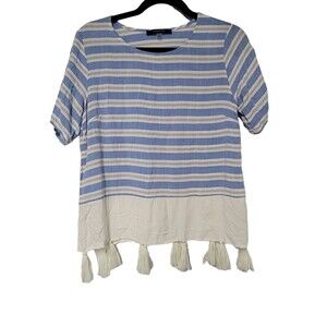 AUGUST SILK  Striped Blouse Shirt Top‎ Blue Gray White Viscose MEDIUM